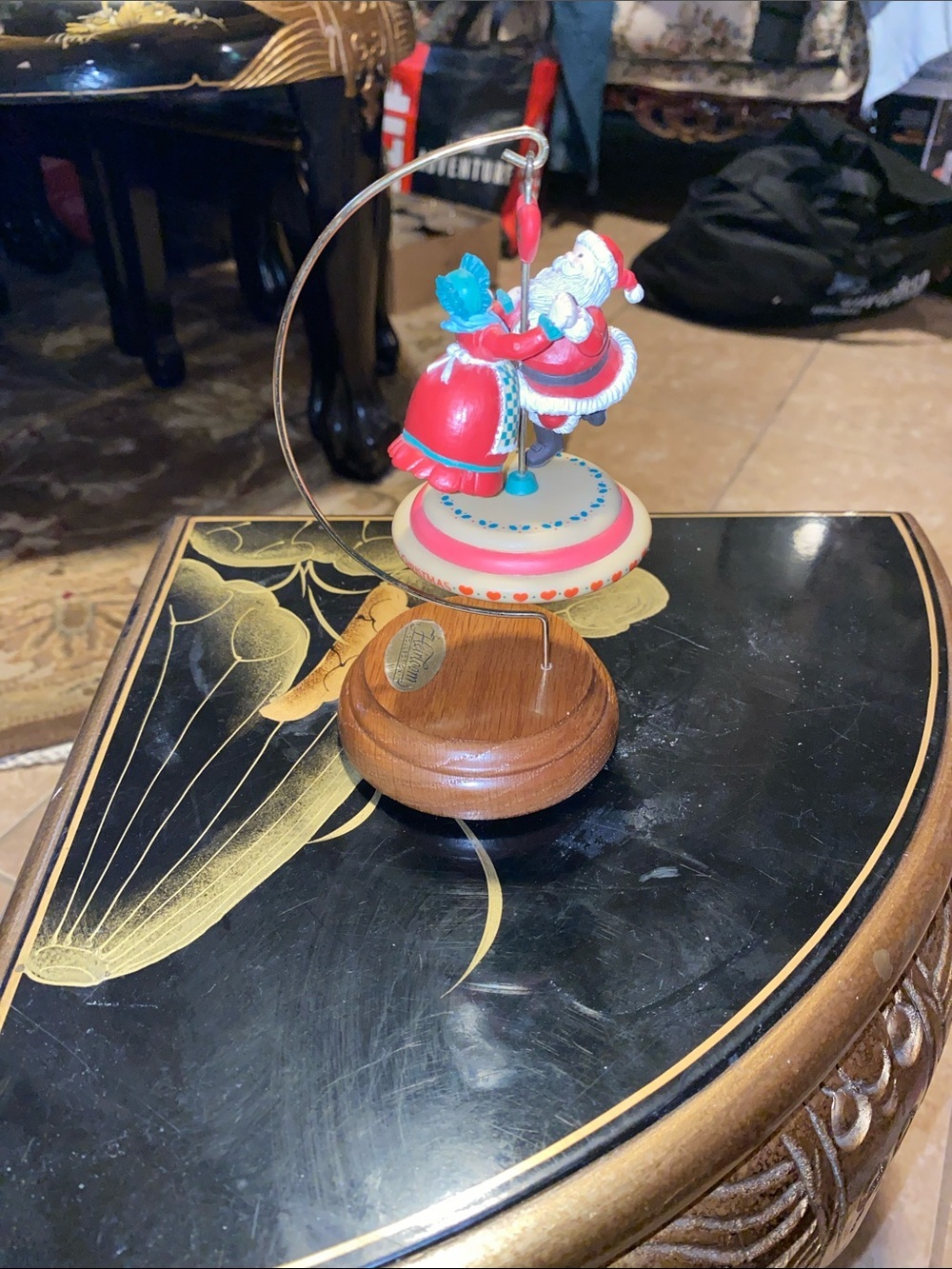 Vintage Santa Claus Ornament Figurine with Wooden Musical Ornament Holder